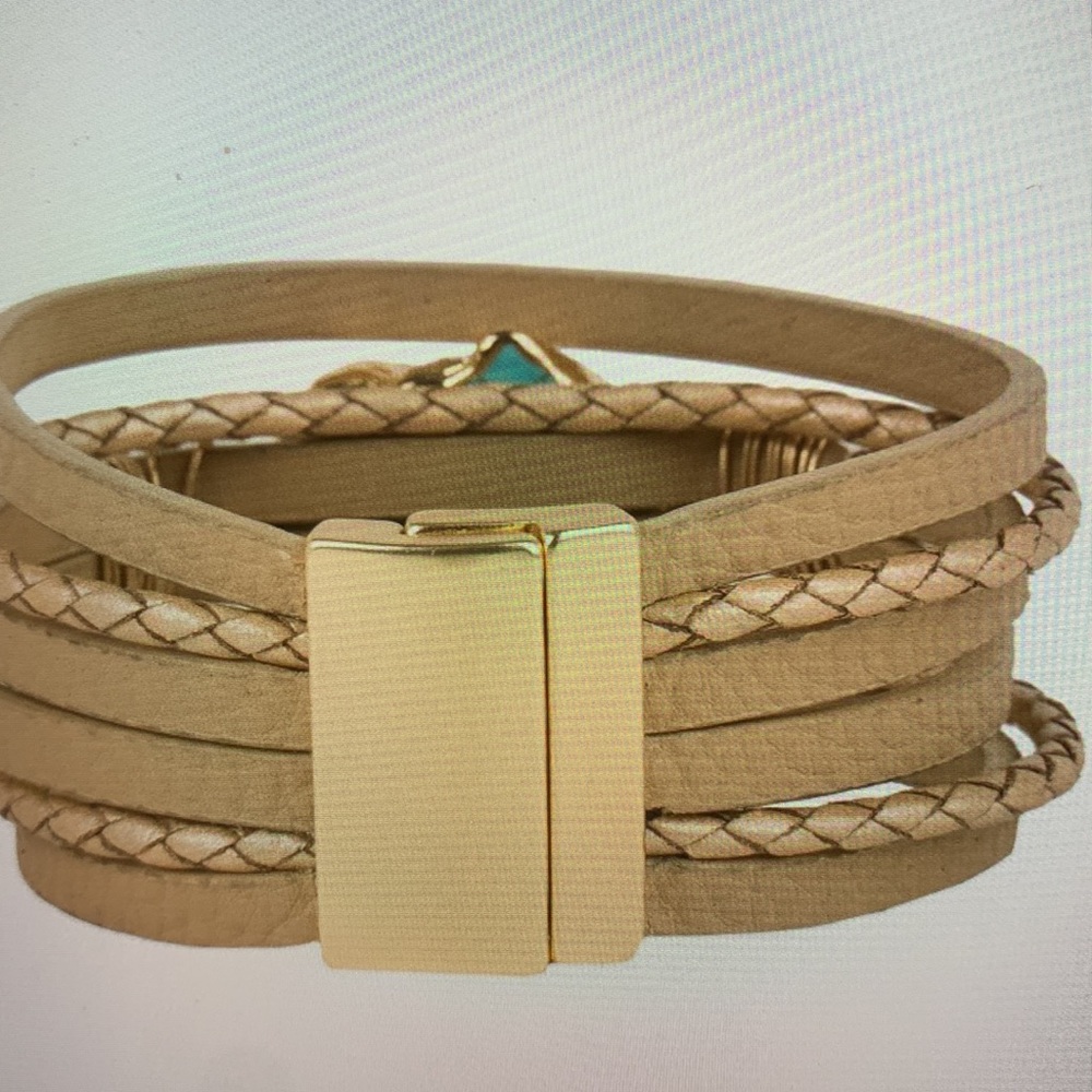 Braided Turquoise Natural Stone Vegan Leather Bracelet - Picture 3 of 5